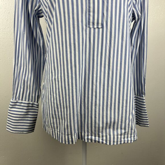 H&M Blouse Women 14 Blue White Vertical Striped Henley Long Sleeve Casual Top - Picture 8 of 14